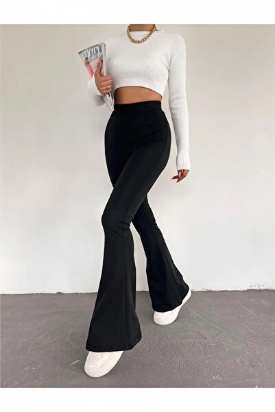 CRNSSWİMWEAR Pantaloni negri pentru femei talie înaltă material elastic Nu se văd prin interior efect modelator din neopren Pantaloni cu picioare evazate