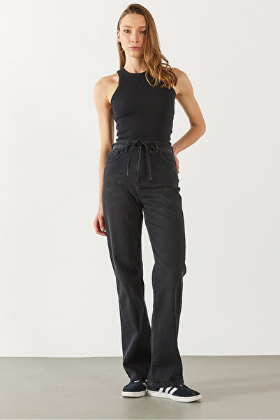 VENA Women's Wanda Belt Detailed Black Wide Leg Jean Trousers 100% Cotton - Black