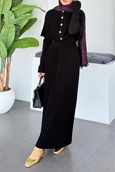 miratriko Pelerin Detaylı Piliseli Uzun Triko Tesettür Elbise