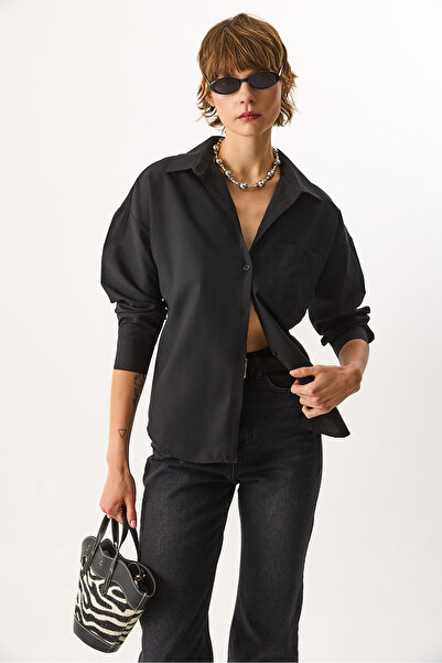 VENA Women's Regular Fit Pocketed Poplin Shirt 100% Cotton - Black