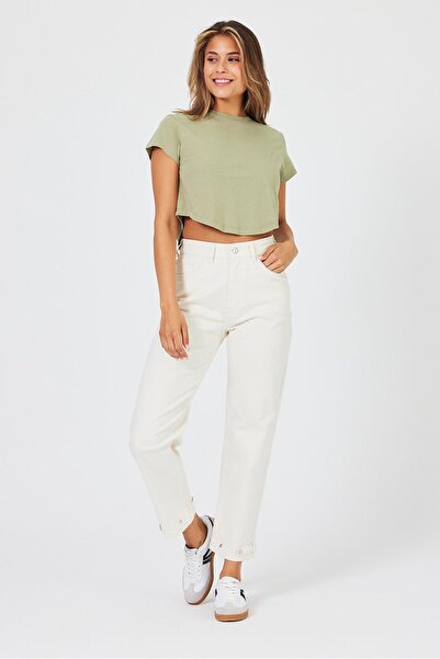 VENA Pantaloni de damă Milano cu talie elastică, model Mom Fit - Ivory