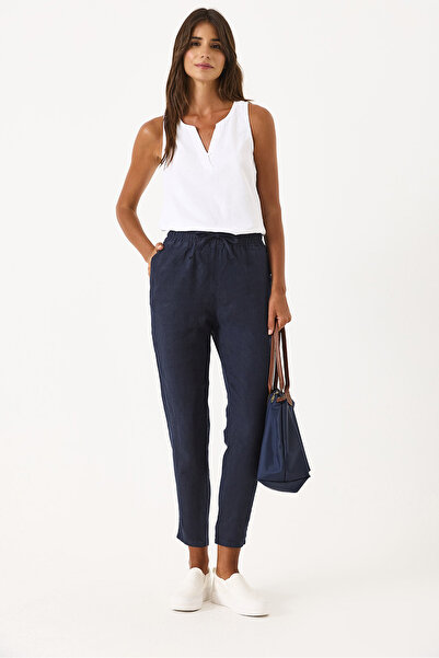 VENA Women's Alian Elastic Waist Beach Pants 100% Linen - Navy Blue