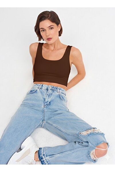 YORULMAZ Fitili Toparlayıcı Spor Beli Lastkli Crop (Kahverengi)