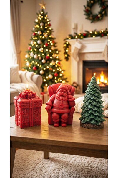 Raw Home Yılbaşı Mum Seti 3’lü – Hediye Kutusu Mum + Noel Baba Mum + Çam Ağac...