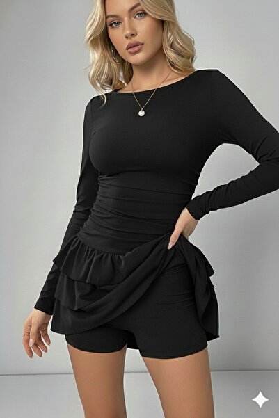 REY-VİA Birleşik Şortlu Eteği Kat Kat Volanlı Mini Elbise Arkası Yarım Fermua...