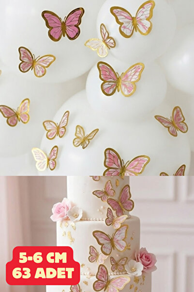 Baloncu Dede 63 Adet Pembe Altın Yaldızlı Kelebek Pasta Balon ve Duvar Sticke...