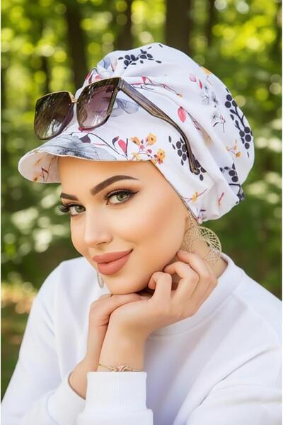 Aişe tesettür قبعة بيضاء رمادية بنمط زهرة