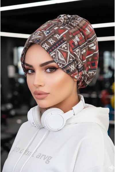 Aişe tesettür قبعة بونيه مخططة باللون البني المنك