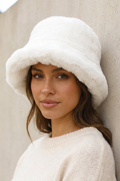 Kapin Ekstra Kabarık Peluş Yuvarlak Kalpak Şapka - Beyaz