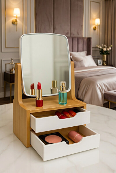 MAKRİ HOME Bamboo Drawer Mirror Jewelry Organizer – 2 Drawers, 360 °   Rotati...