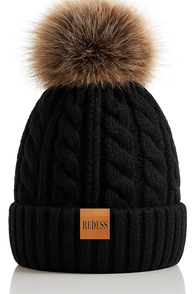 Redess Caciula de iarna pentru femei, cu pompoane, captuseala cald din fleece, groasa si lejera, tricotata