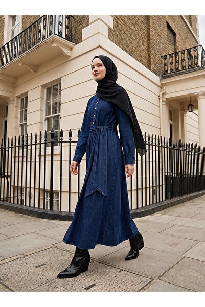 Refka Джинсова сукня з балонною спідницею та поясом - Темно-синя -