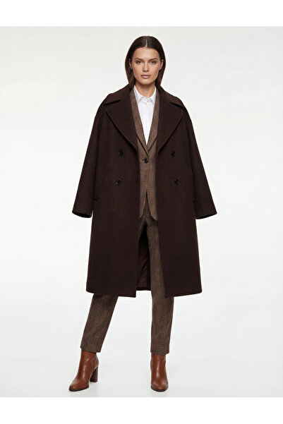 Koton Cepli Uzun Kollu Düğmeli Kruvaze Uzun Kaşe Kaban