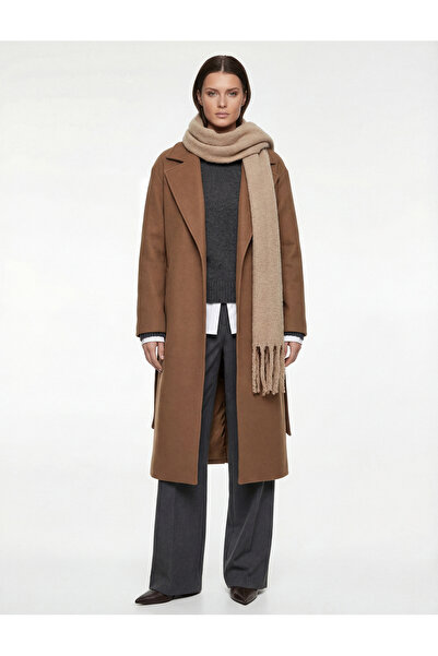 Koton Long Sleeve Pocketed Belted Long Cashmere Coat