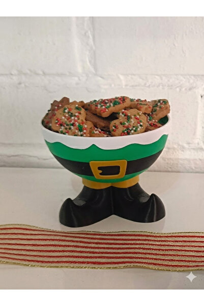 Printona Yılbaşı Temalı Ayaklı Kase | Noel Baba ve Elf Figürlü Dekoratif Çerezlik