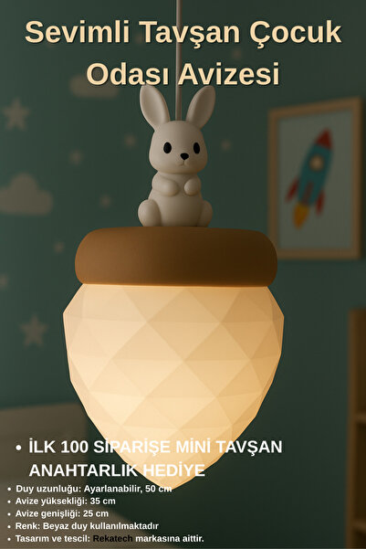 Rekatech Sevimli Tavşan Figürlü Çocuk Odası Avizesi / Çocuk ve Bebek Odası / E27