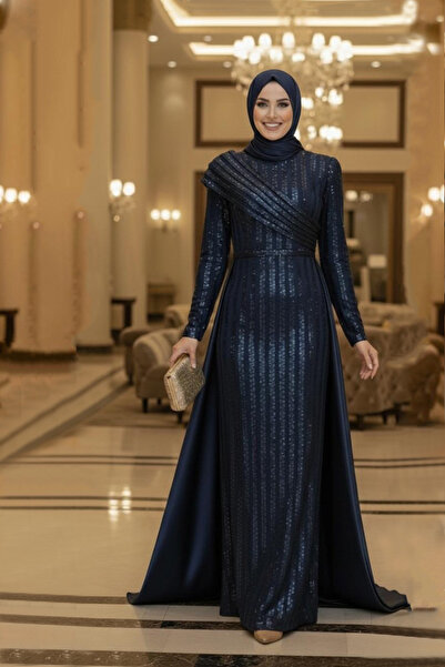 Ayşe Melek Omuz Detay Saten Kuyruklu Pullu Tül Abiye Elbise 2848 Lacivert