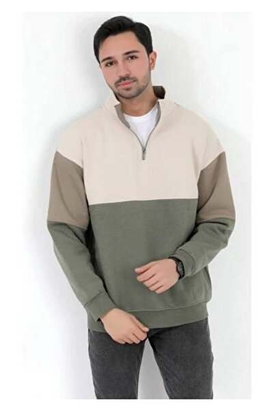 trender Half Zipper Segmented 3 Thread Raised Open Khaki Men's Sweatshirt 5719