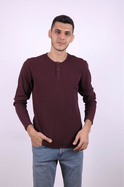 trender Buttoned Waffle Claret Red Men's Sweatshirt 5070
