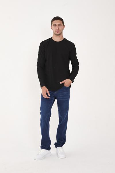 trender سويت شيرت رجالي أسود بياقة دائرية وافل 5073-2