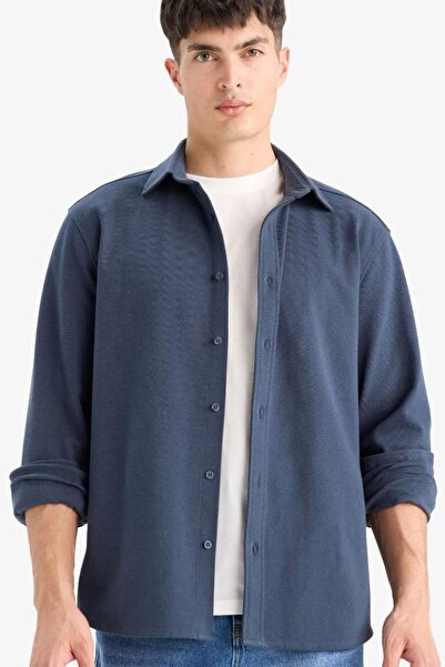 DeFacto Ανδρικό πουκάμισο με κομμένο γιακά πόλο, χτενισμένο βαμβακερό, σκούρο...