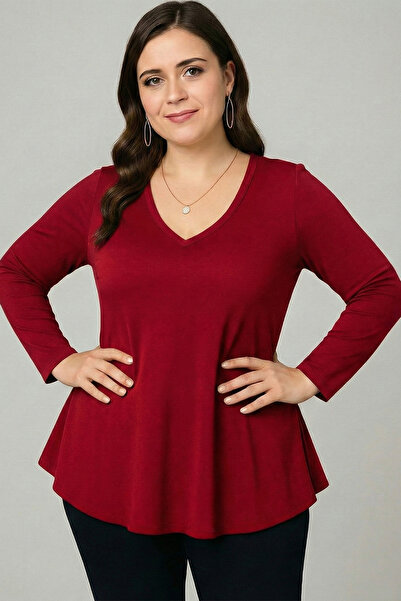 Curvy Trend Plus Size V-Neck Long Sleeve Wide Hem Viscose Blouse