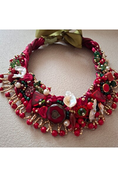 azra takı tasarım Handmade Red Burgundy New Year Christmas Gift Natural Stone Crystal Design Women Necklace