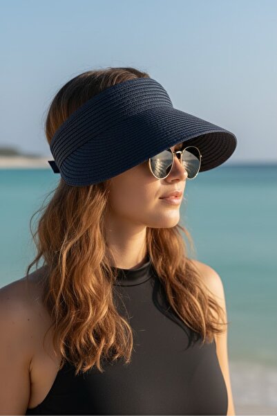 Marina Swimwear Bowknot Straw Visor Hat Navy Blue 14624