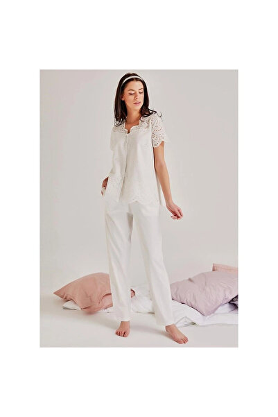 Magic Form 19108 Kendinden Brode Desenli Pijama Takım - Ekru