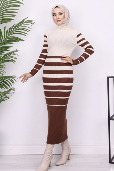 benguen 6041 Balıkçı Yaka Triko Elbise Kahverengi