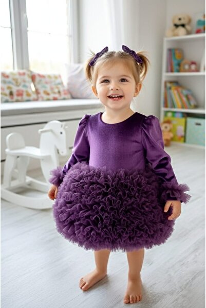 penu baby kids Mor Kadife Kumaş Uzun Kollu Tütülü Kız Bebek Elbise - Velvet