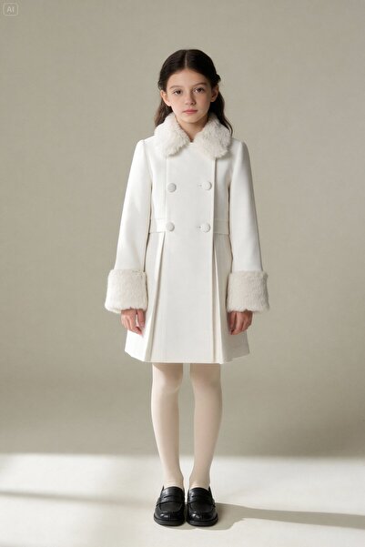 Augie Leauphant Kürk Detaylı Kırık Beyaz Manto -Dar Kalıp