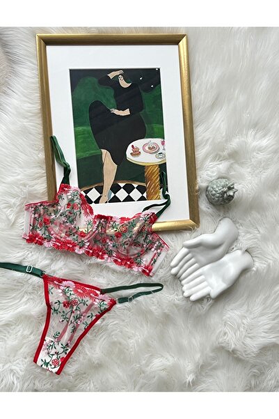 luneaintimates Kırmızı Yeşil Çiçek İşlemeli Balenli Desteksiz Transparan Sütyen Takımı – B Cup (70-75-80-85-90)