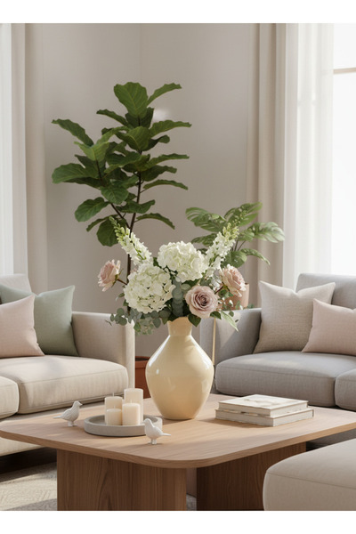 Living مزهرية فولاذية مزخرفة، لون بيج لامع، 30.5 سم