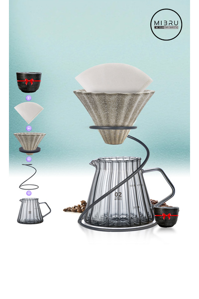 MIBRU مجموعة قهوة V60 5 في 1 مع قطارة سيراميك، وكوب زجاجي، وفلاتر، وحامل، وكوب