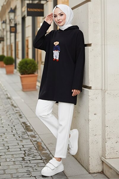 Bestenur Asiya Oversize Ayı Nakışlı Kapüşonlu Tunik 1335 - Siyah
