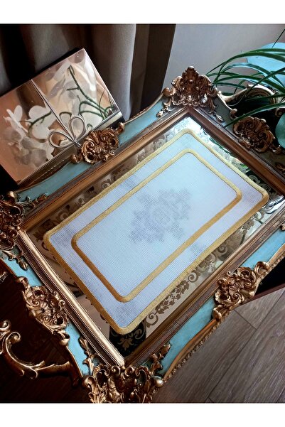 sevim çeyiz tasarım غطاء صينية من الكتان المطرز بصفين مقاس 15×25 سم - ذهبي