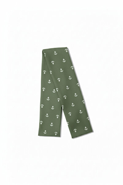maia Khaki Green Anchor Patterned Viscose Scarf – 100×7 cm – Elegant Sailor S...