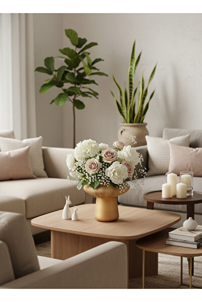 Living مزهرية سيراميك بتصميم مميز لون ذهبي وبيج 20 سم