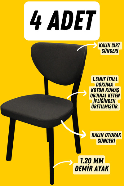 KUMS MOBİLYA 4 Adet Elma Mutfak Salon Balkon Sandalyesi Siyah demir Ayak 1. S...