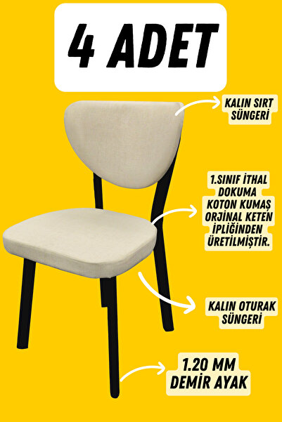 KUMS MOBİLYA 4 Adet Elma Mutfak Salon Balkon Sandalyesi Siyah demir Ayak 1. S...
