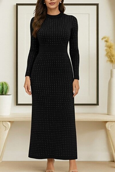 babatr.com Kadın Uzun Kollu Bisiklet Yaka Taşlı Midi Kadife Elbise