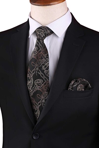 Kravatkolik Kahverengi Şal Desen Mendilli Klasik Kravat KK13121