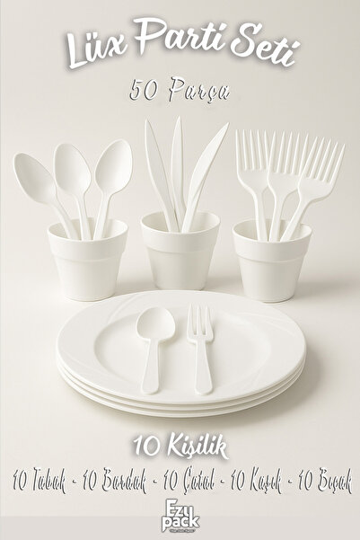 Ezupack 50'li LÜX SERT PLASTİK Parti Doğum Günü Sunum Davet Nişan Söz Tabak Bardak Çatal Kaşık Bıçak Seti