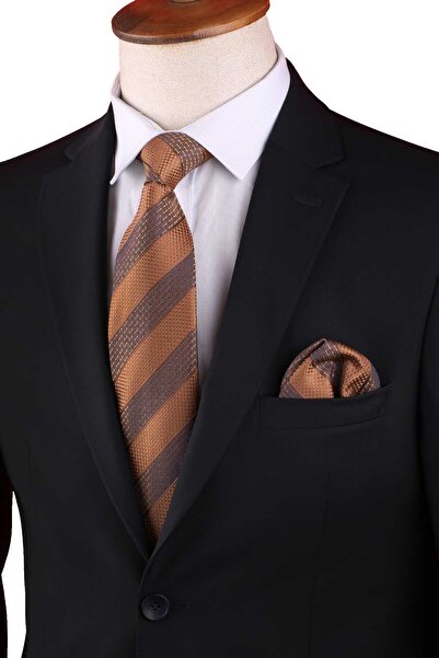 Kravatkolik Yellow Stripe Pattern Classic Tie with Handkerchief Kk13149