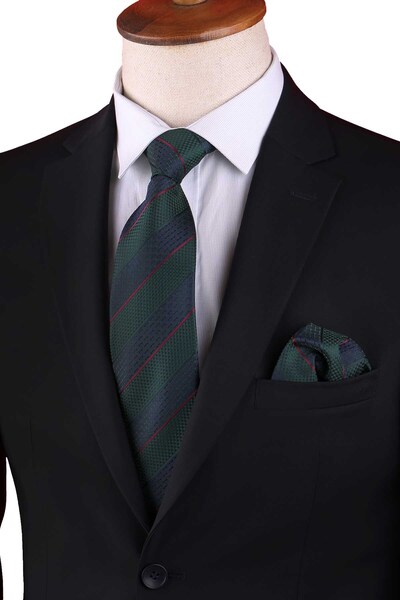 Kravatkolik ربطة عنق كلاسيكية بنمط خطوط باللون الأخضر - الأزرق الداكن مع مندي...