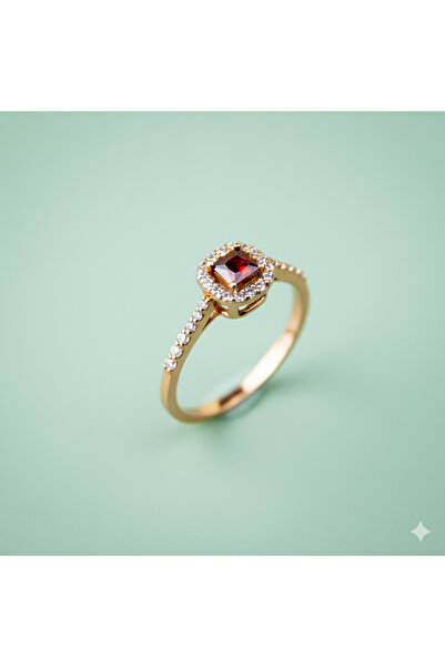 GIBYJEWEL Kırmızı Kare Taşlı Pırlanta Modeli 925 Ayar Minimal Rose Gümüş Yüzük