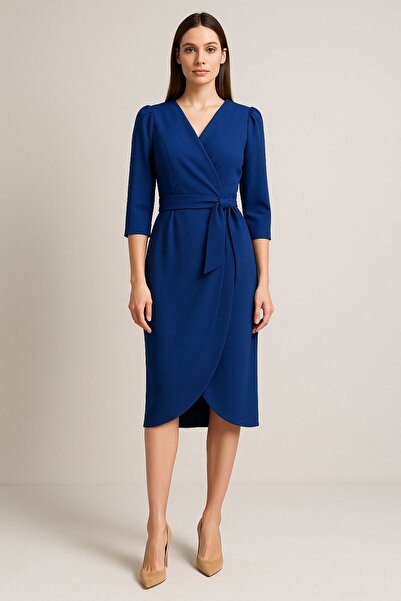 AYHAN Women's Mink Double Breasted Wrap Three Quarter Sleeve Crepe Elegant Dress