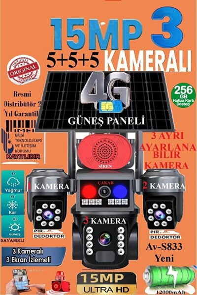 TRCharger Av-s833 Solar Güneş Enerjili Panelli 3 Kameralı 15mp 3 Lens 4g Sim ...