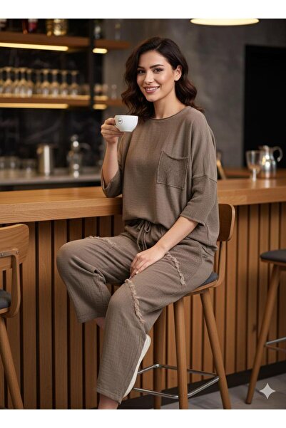 AGORATEKSTİL مجموعة نسائية من الكتان مع جيوب وأكمام شبكية مزينة بشراشيب